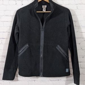 Medium, black fleece zip-up Calvin Klein jacket with pockets.